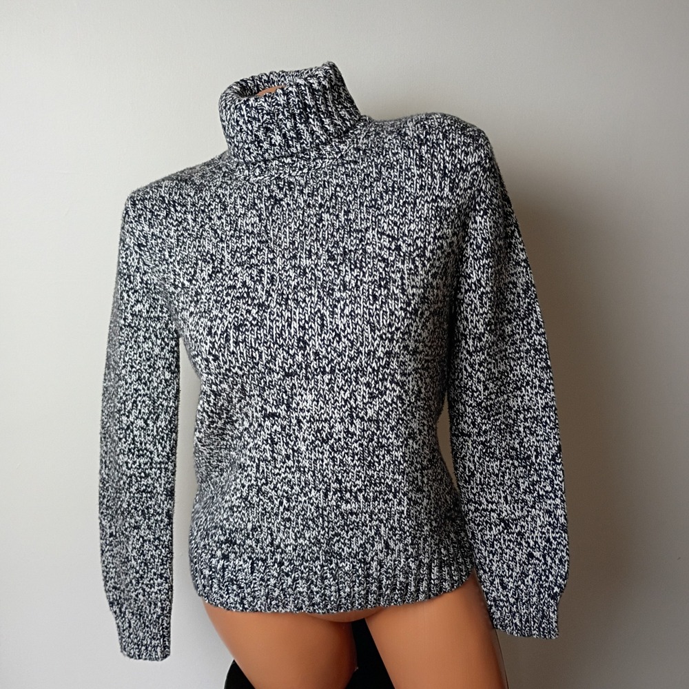 Lands End Womens M 10-12 Turtleneck Sweater Black White Marled Cotton